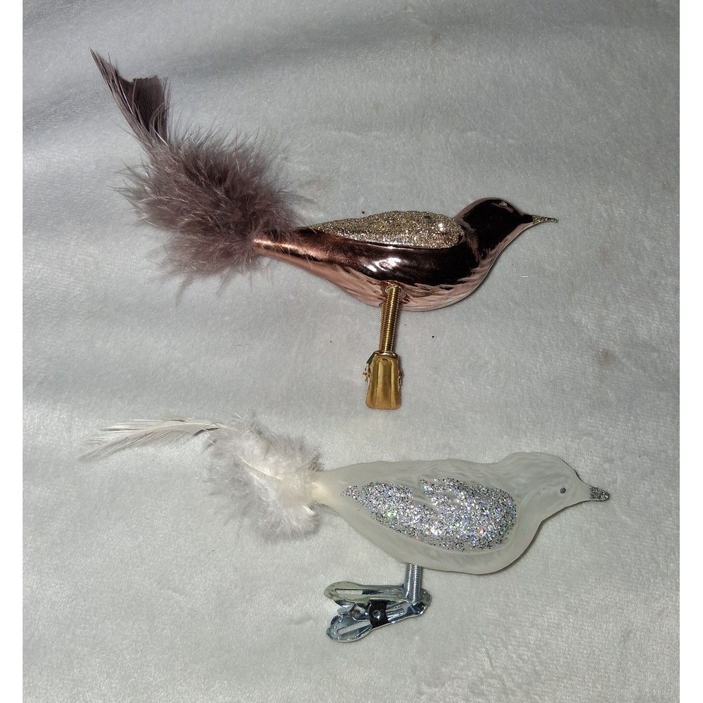 Set of 2 Clip-On Glass Bird Christmas Ornaments Feather Tails Glitter 6"
